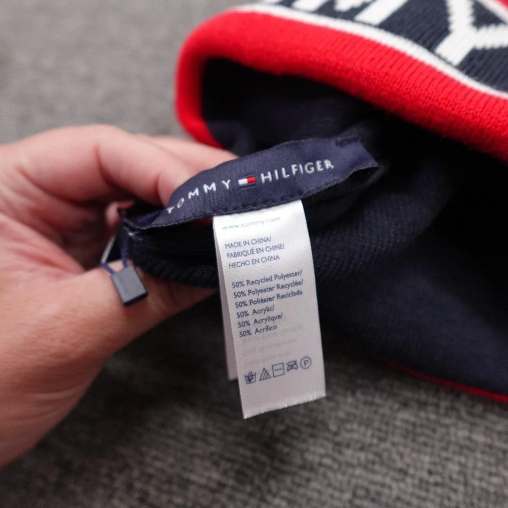 Tommy Hilfiger Hat Beanie Fitted Mens One Size Blue Red Stripe Logo Knit Winter